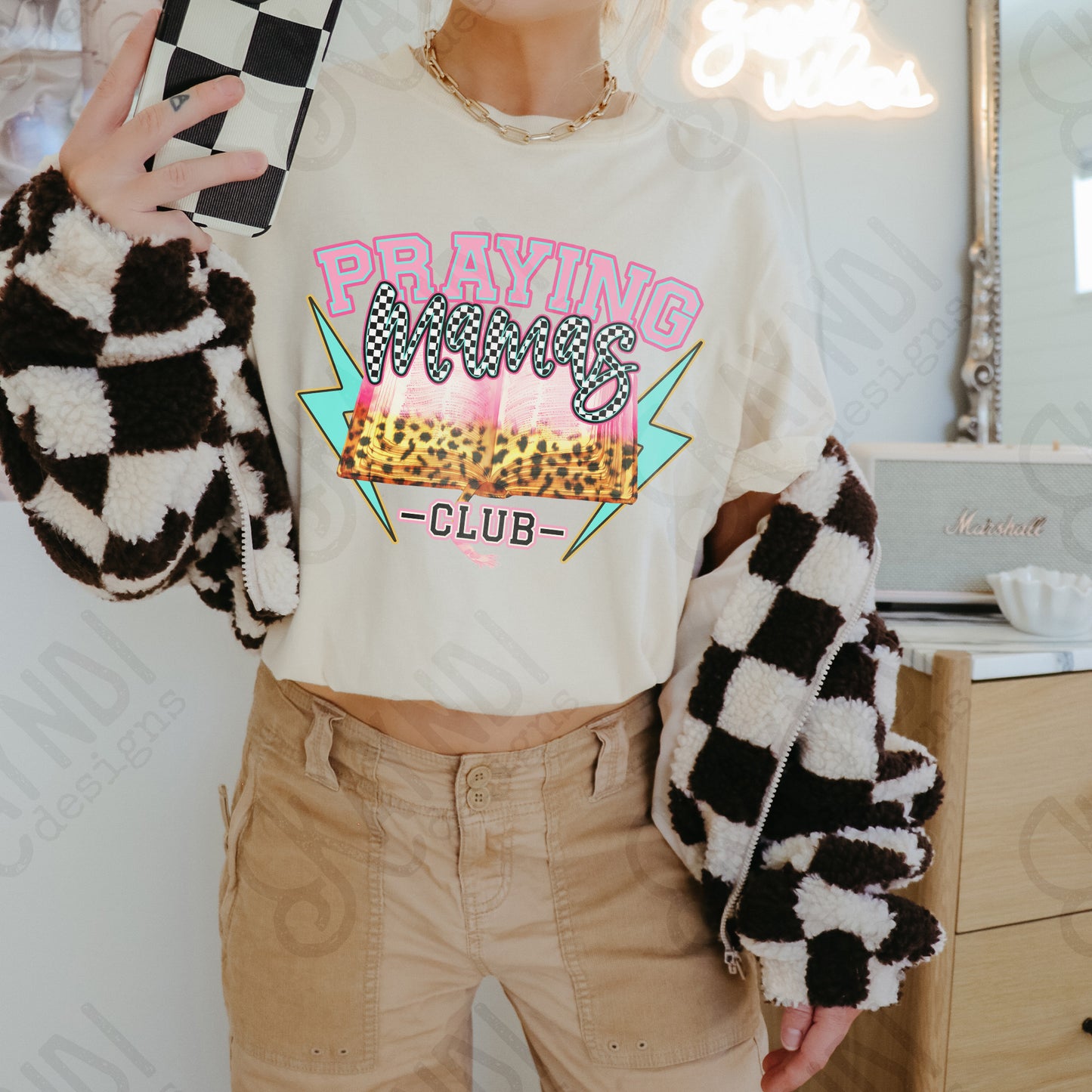 Praying Mamas Club Fierce Faith Collab Design Sublimation Design PNG Digital Download Printable Cute Pink Leopard Checker Lightning Bolt Bible