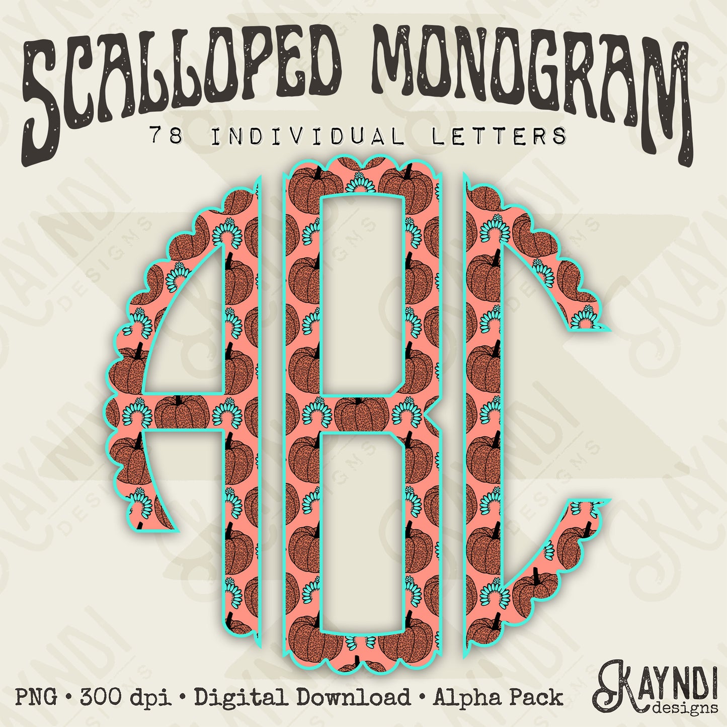 Concho Pumpkins Scalloped Monogram Set Sublimation Design PNG Digital Download Printable Cute Pumpkins Turquoise