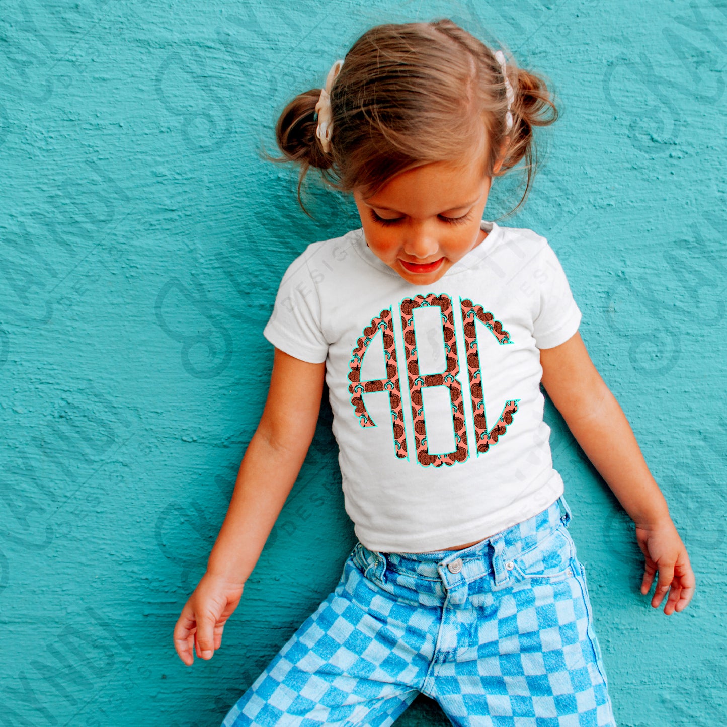 Concho Pumpkins Scalloped Monogram Set Sublimation Design PNG Digital Download Printable Cute Pumpkins Turquoise