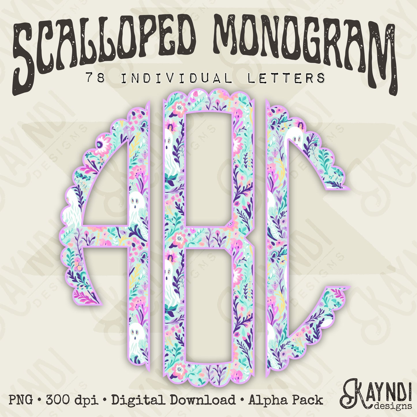 Preppy Ghost Scalloped Monogram Set Sublimation Design PNG Digital Download Printable Cute Flowers Ghosts