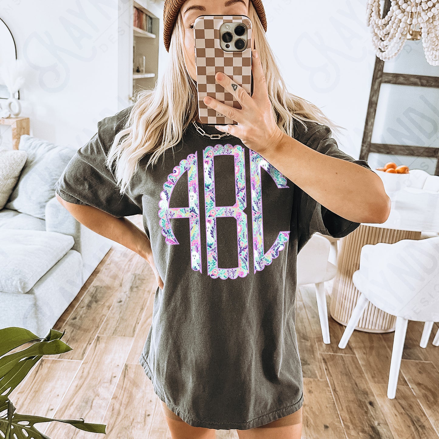 Preppy Ghost Scalloped Monogram Set Sublimation Design PNG Digital Download Printable Cute Flowers Ghosts