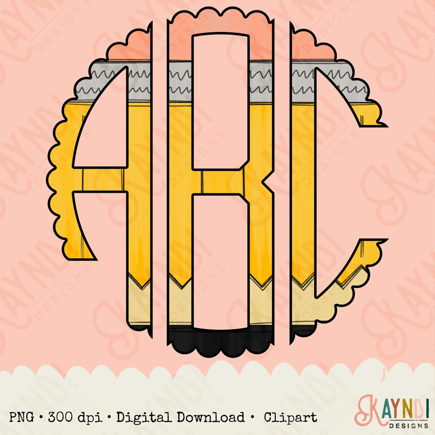 Pencil Scalloped Monogram Set Sublimation Design PNG Digital Download Printable School Pencil