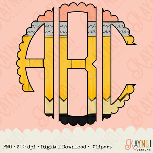 Pencil Scalloped Monogram Set Sublimation Design PNG Digital Download Printable School Pencil