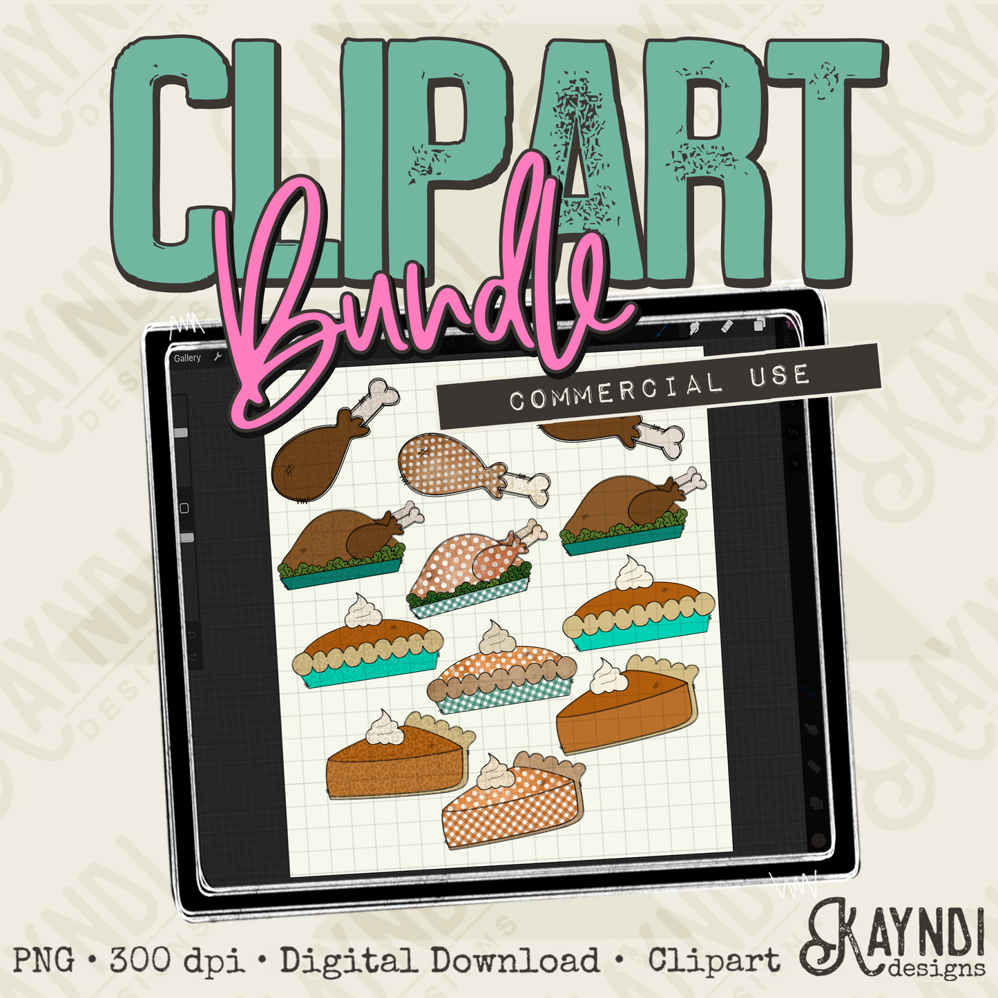Hand Drawn Thanksgiving Clipart Element PNG Digital Downloads Elements Pies Food Turkey Commercial Use