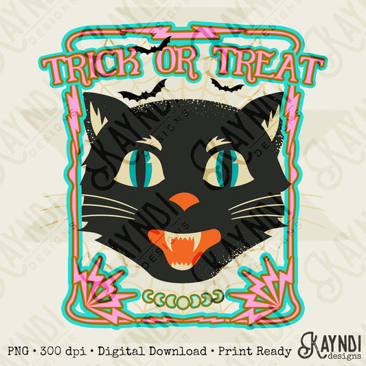 Trick or Treat Black Cat Design PNG Digital Download Printable Halloween 70s Design Grunge Rock Band Coquette Bow Disco Pumpkin Ghosts