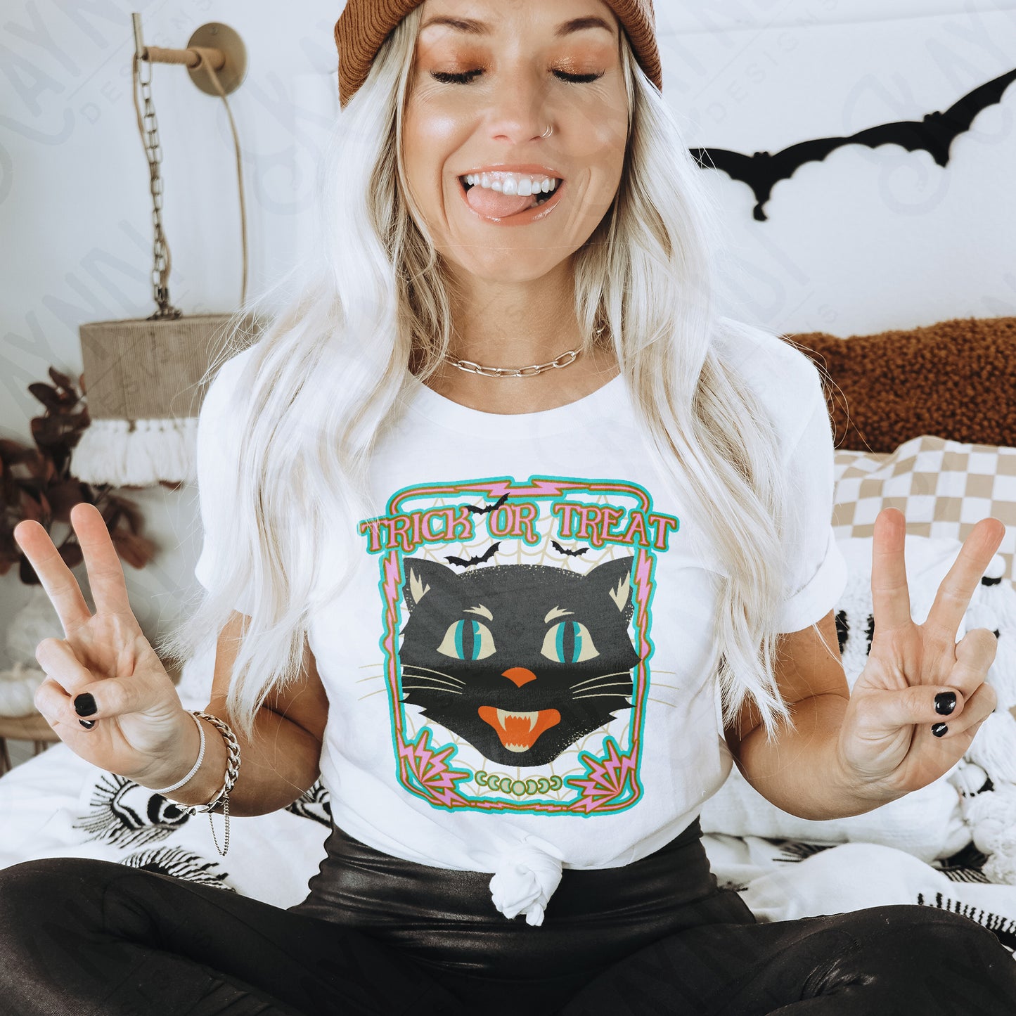 Trick or Treat Black Cat Design PNG Digital Download Printable Halloween 70s Design Grunge Rock Band Coquette Bow Disco Pumpkin Ghosts