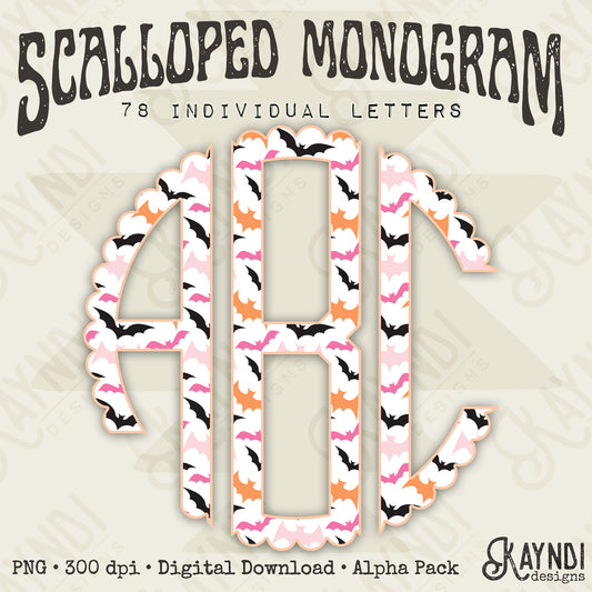 Bat Crazy Preppy Scalloped Halloween Monogram Set Sublimation Design PNG Digital Download Printable
