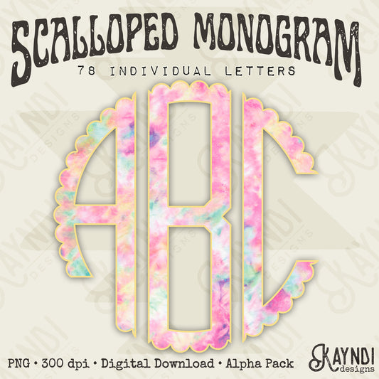 Cotton Candy Dreams Tie Dye Scalloped Monogram Set Sublimation Design PNG Digital Download Printable Preppy