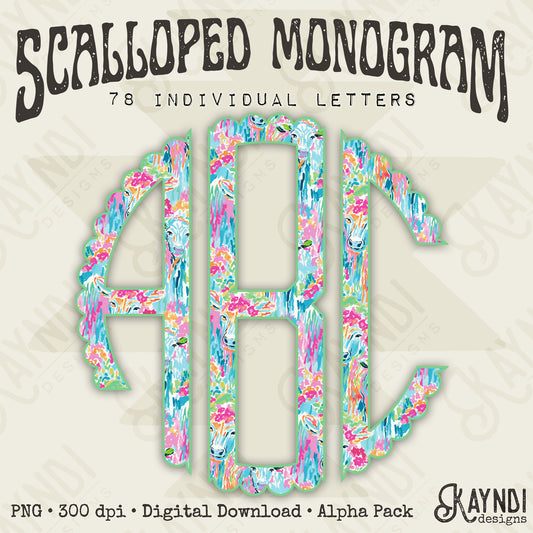 Cowbell Charm Scalloped Monogram Set Sublimation Design PNG Digital Download Printable