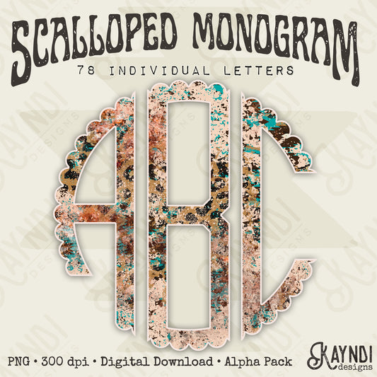 Desert Leopard Scalloped Monogram Set Sublimation Design PNG Digital Download Printable