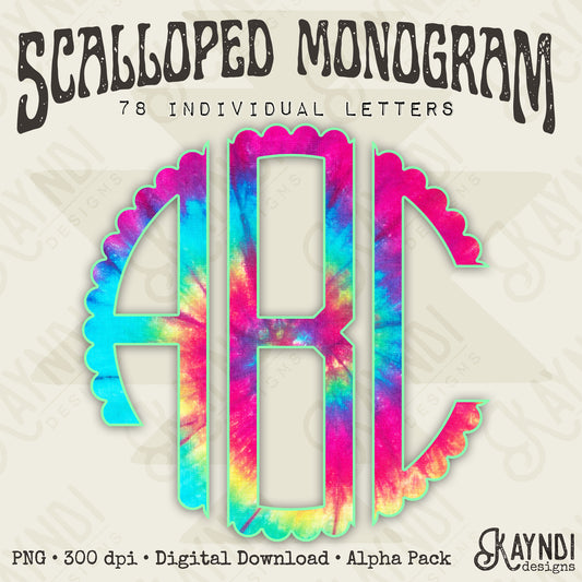 Electric Sunset Tie-Dye Scalloped Monogram Set Sublimation Design PNG Digital Download Printable