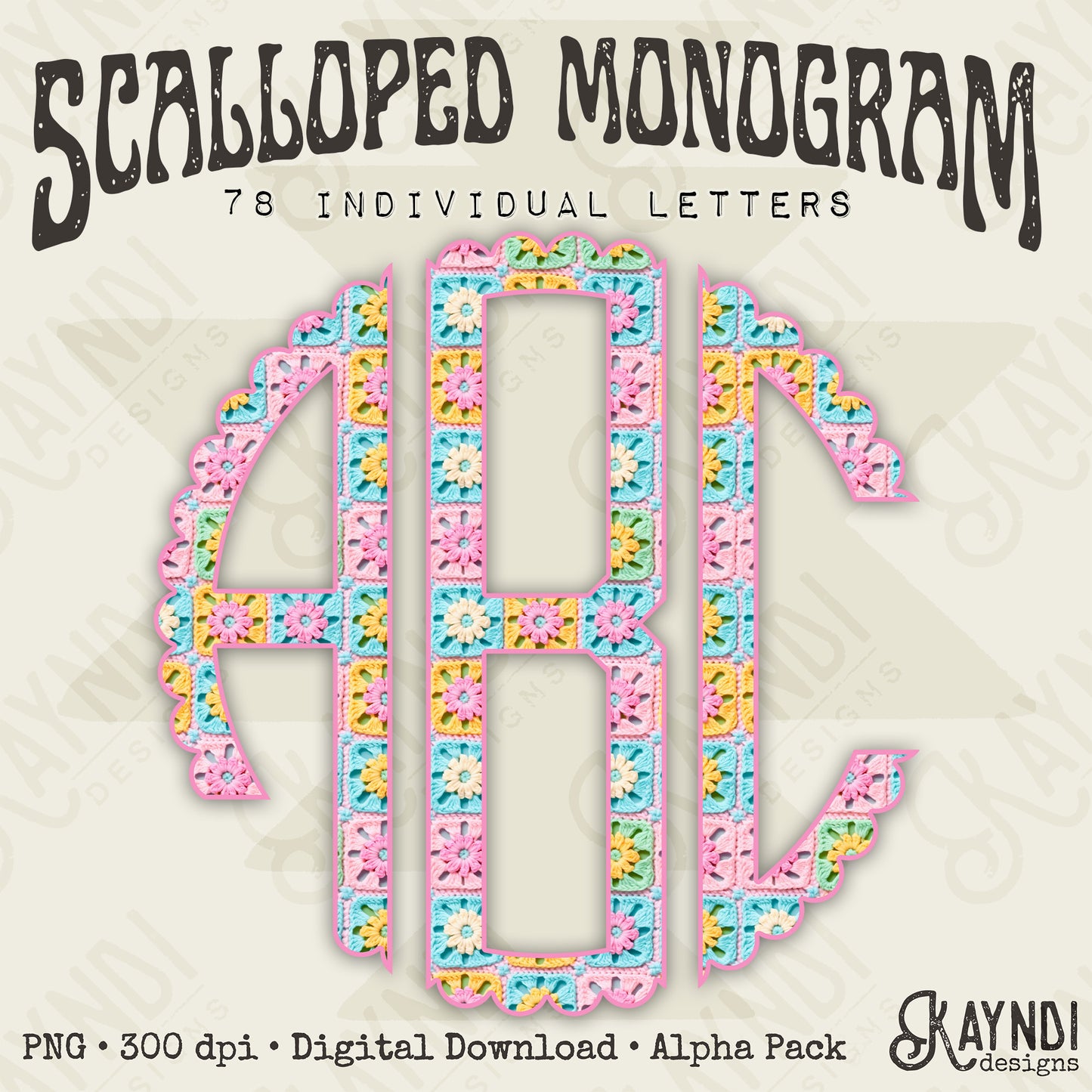 Granny's Flower Patch Scalloped Monogram Set Sublimation Design PNG Digital Download Printable Crochet Knit Floral