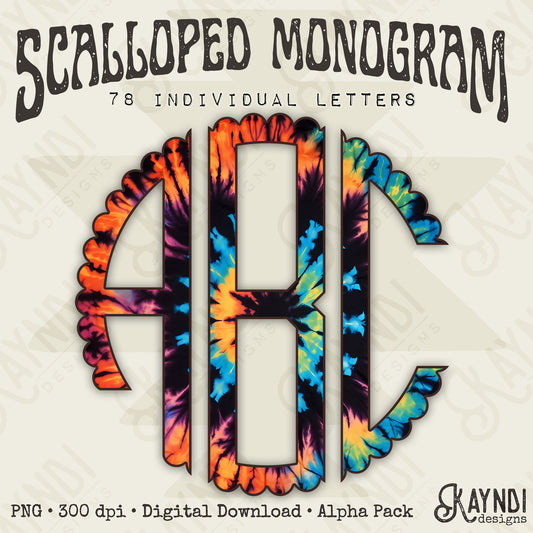 Midnight Blaze Tie-Dye Scalloped Monogram Set Sublimation Design PNG Digital Download Printable