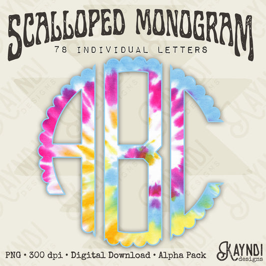 Sunshine Vibes Tie-Dye Scalloped Monogram Set Sublimation Design PNG Digital Download Printable