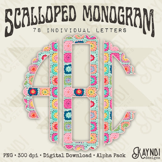 Vintage Blossom Scalloped Monogram Set Sublimation Design PNG Digital Download Printable Crochet Vintage
