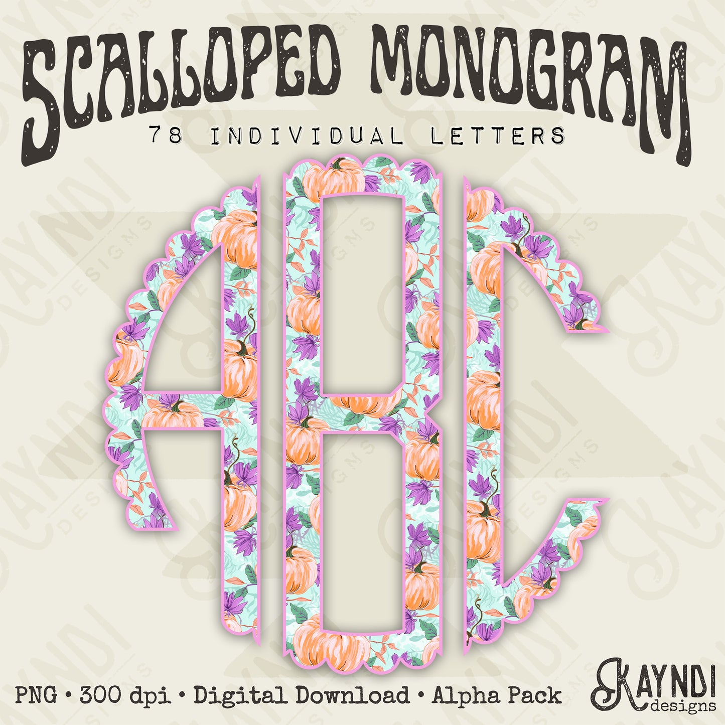 Whimsical Harvest Scalloped Monogram Set Sublimation Design PNG Digital Download Printable Girly Pumpkin Purple Blue