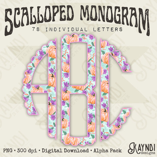 Whimsical Harvest Scalloped Monogram Set Sublimation Design PNG Digital Download Printable Girly Pumpkin Purple Blue