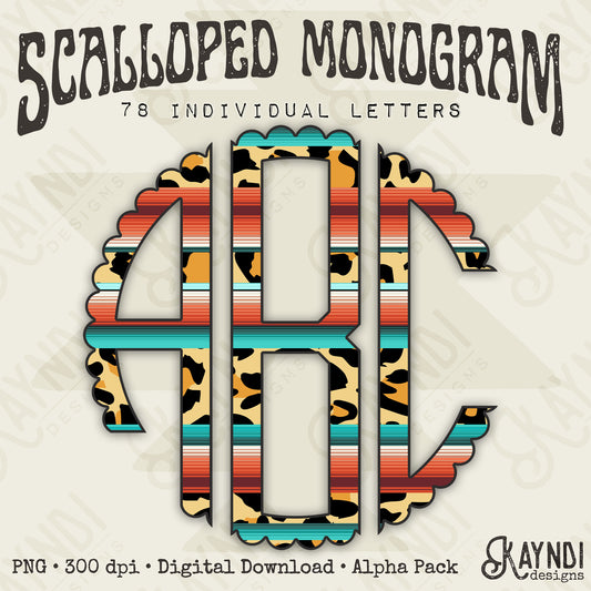 Wild Serape Scalloped Monogram Set Sublimation Design PNG Digital Download Printable