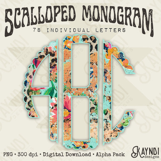 Wildflower Safari Scalloped Monogram Set Sublimation Design PNG Digital Download Printable