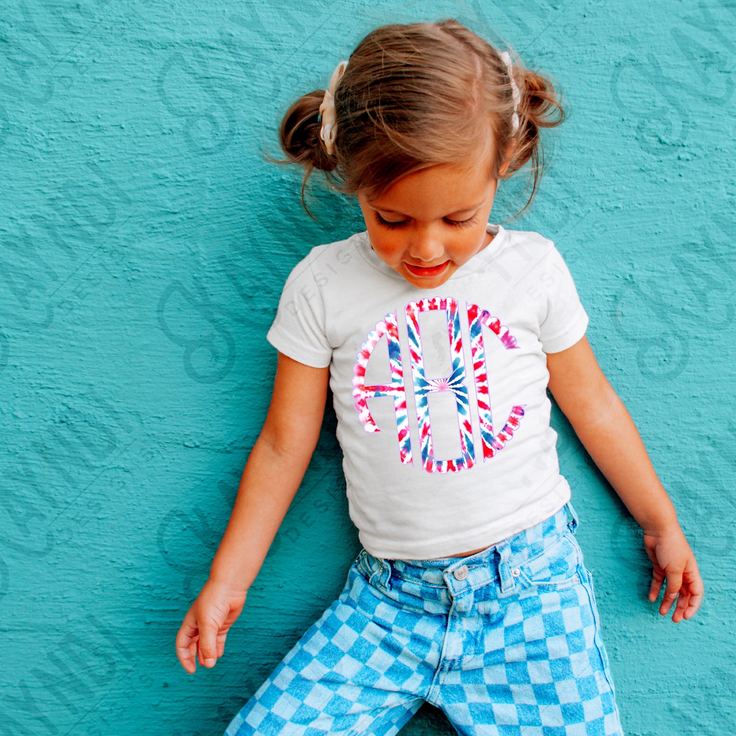 Patriotic Swirl Tie-Dye Scalloped Monogram Set Sublimation Design PNG Digital Download Printable