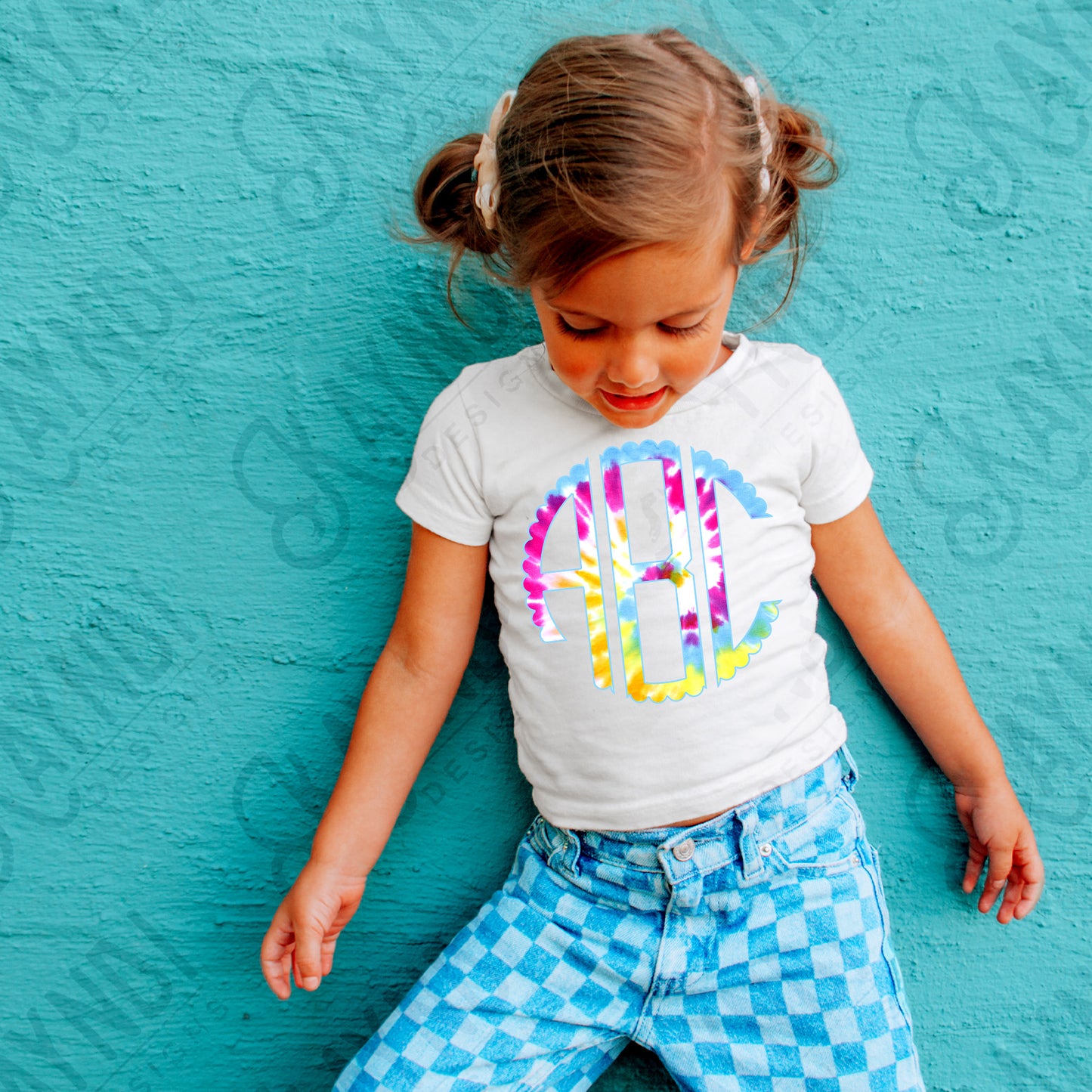 Sunshine Vibes Tie-Dye Scalloped Monogram Set Sublimation Design PNG Digital Download Printable