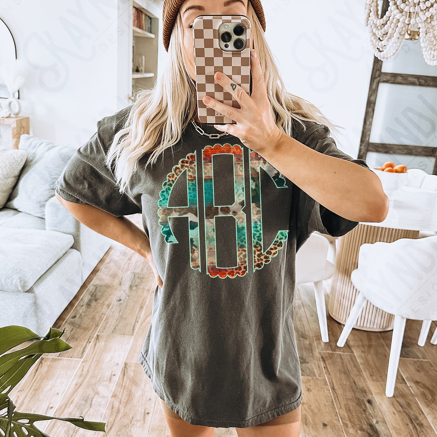 Desert Sunset Scalloped Monogram Set Sublimation Design PNG Digital Download Printable Cow Cheetah Turquoise