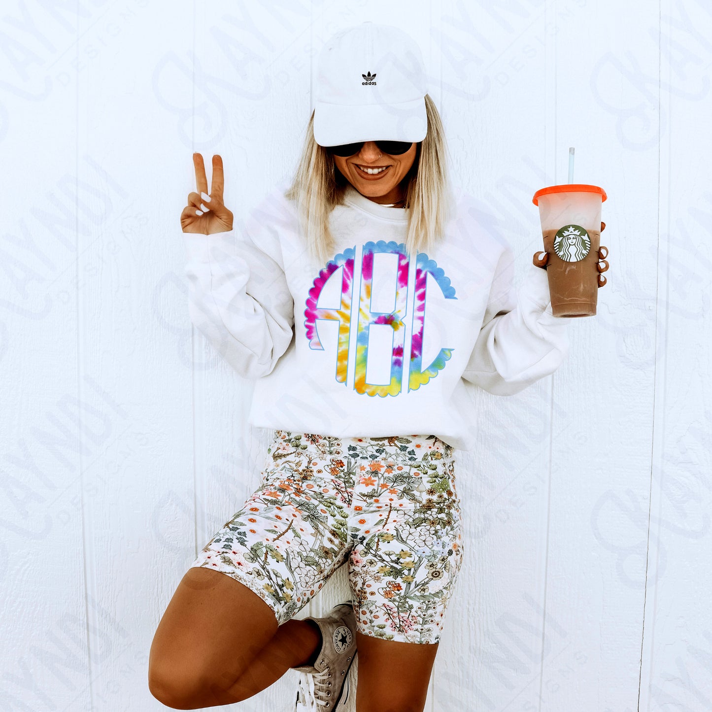 Sunshine Vibes Tie-Dye Scalloped Monogram Set Sublimation Design PNG Digital Download Printable