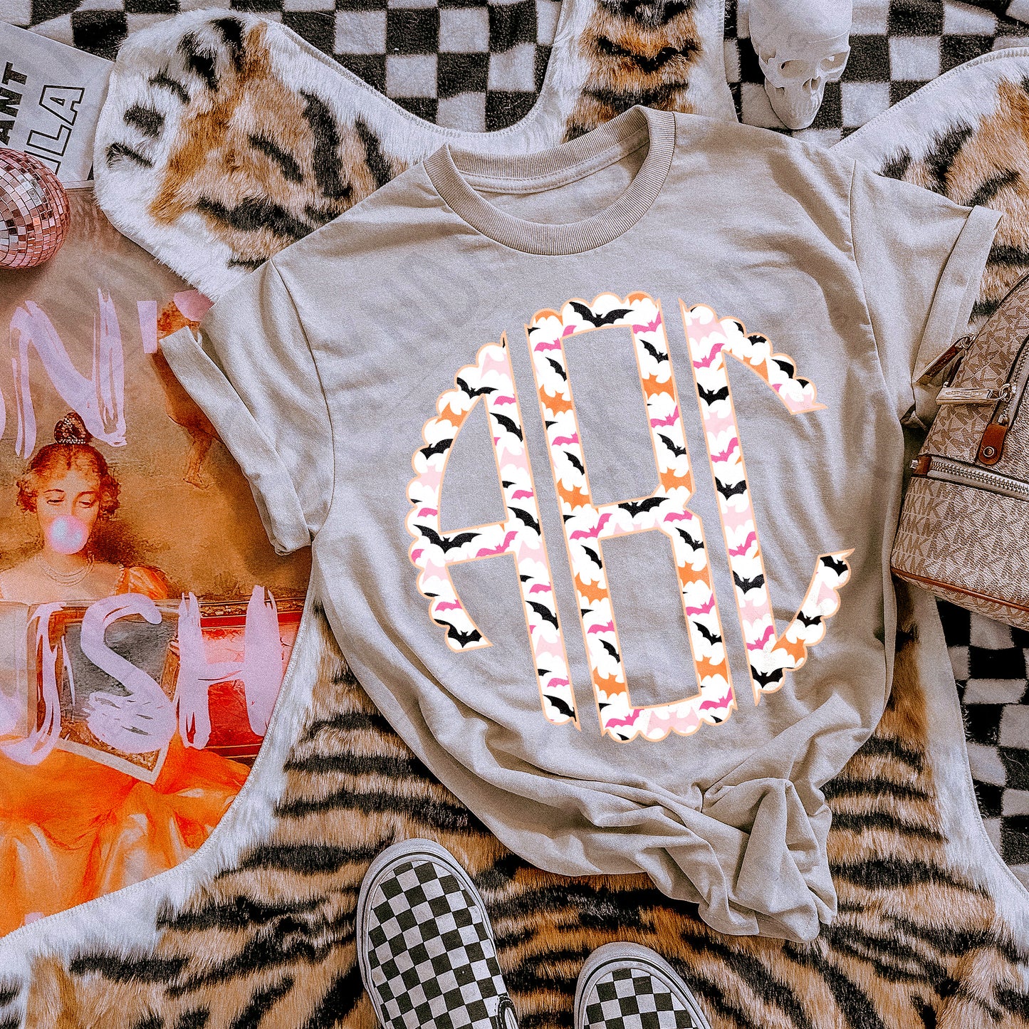 Bat Crazy Preppy Scalloped Halloween Monogram Set Sublimation Design PNG Digital Download Printable