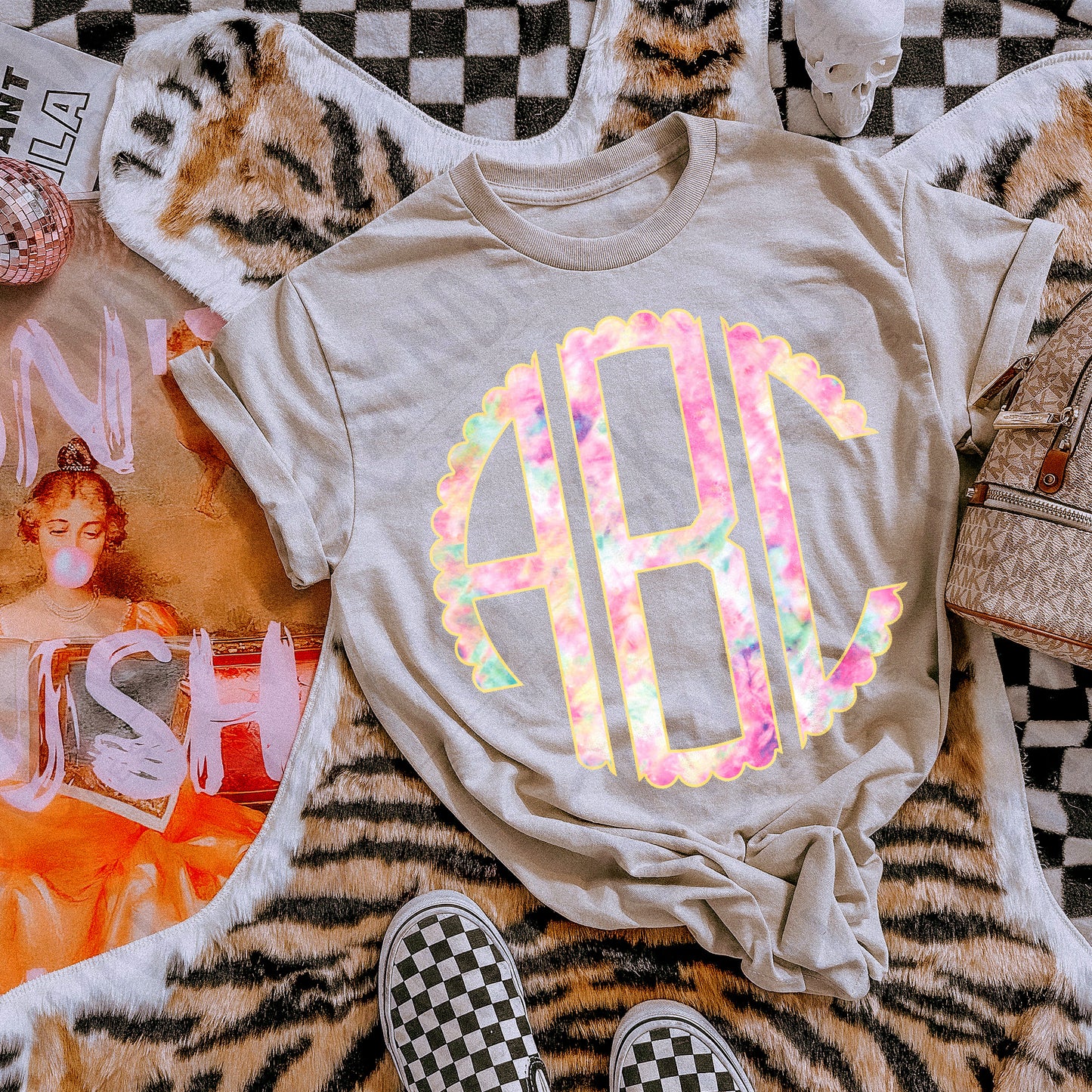 Cotton Candy Dreams Tie Dye Scalloped Monogram Set Sublimation Design PNG Digital Download Printable Preppy