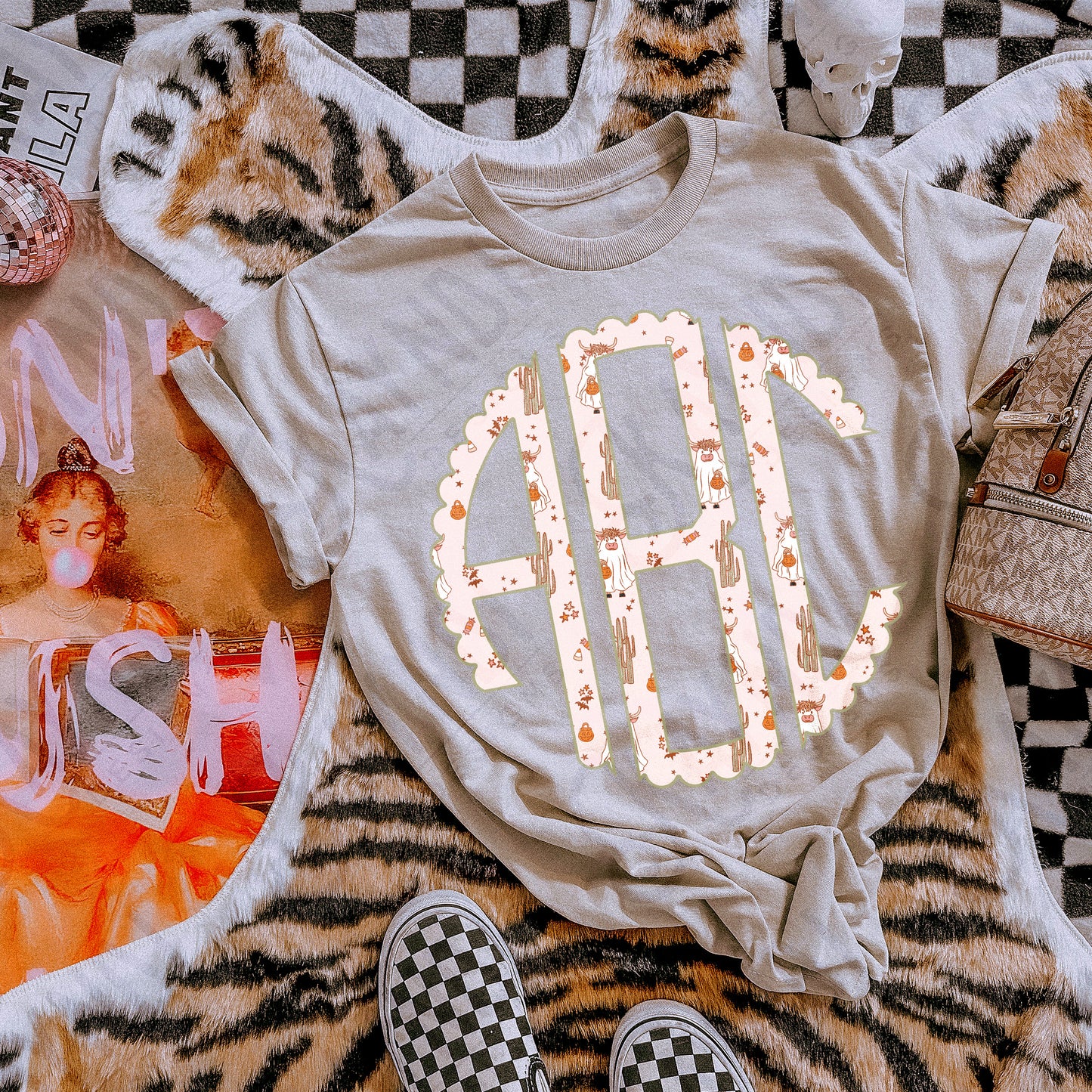 Ghost Town Scalloped Monogram Set Sublimation Design PNG Digital Download Printable Western Ghost Highland Cow