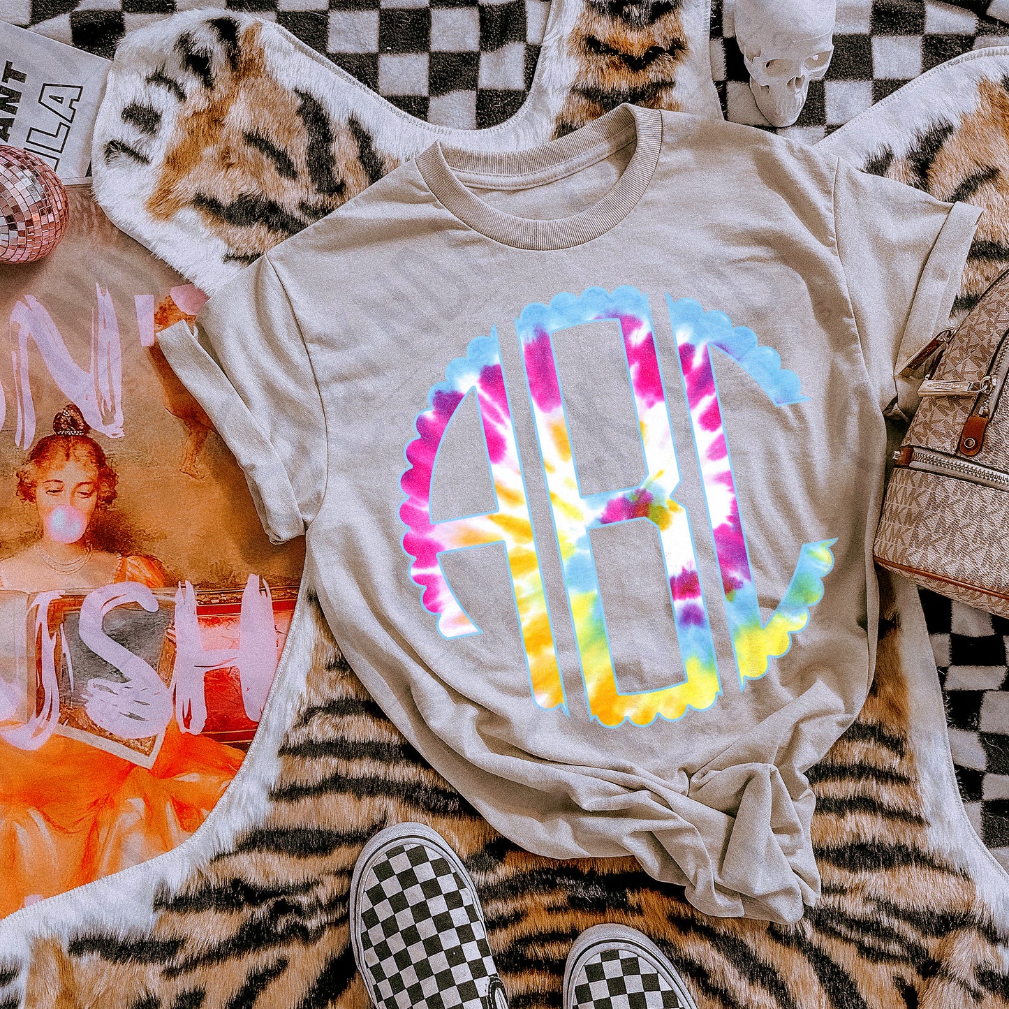 Sunshine Vibes Tie-Dye Scalloped Monogram Set Sublimation Design PNG Digital Download Printable