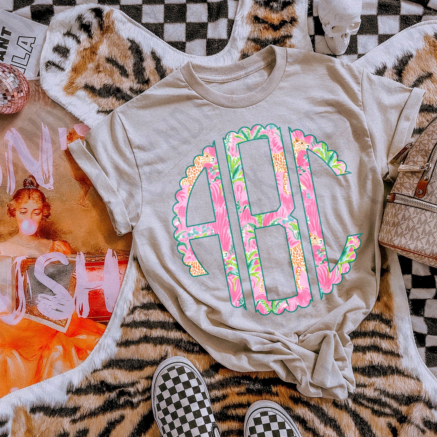 Topical Feline Scalloped Monogram Set Sublimation Design PNG Digital Download Printable Tropical Cat Beach