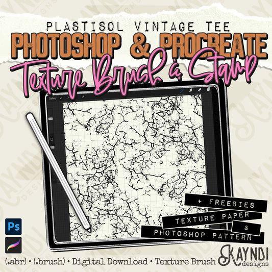 Plastisol Vintage Tee Photoshop and Procreate Texture Brushes plus Freebies Seamless Texture Overlay & Photoshop Pattern