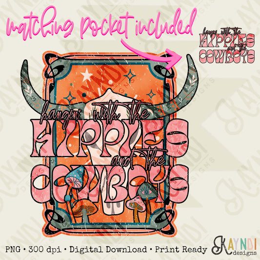 Hippies and Cowboys Sublimation Design PNG Digital Download Printable Western Bull Skull Pocket Design