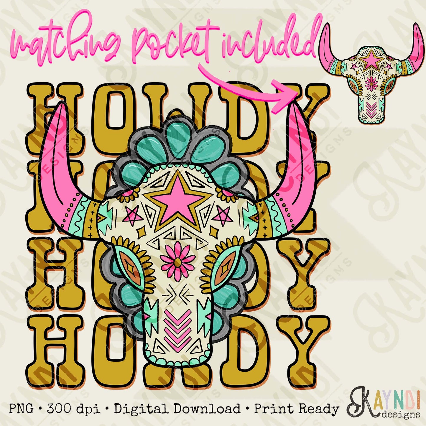 Howdy Boho Steer Sublimation Design PNG Digital Download Printable Western Girly Pocket Design