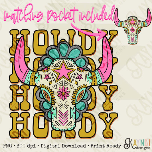 Howdy Boho Steer Sublimation Design PNG Digital Download Printable Western Girly Pocket Design