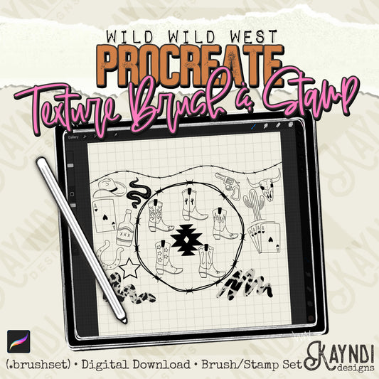 Wild Wild West Procreate Brush and Stamp Pack Cow Print Barbwire Cowboy Hat Cowgirl Boots Aztec Western Steer Skull Cactus Cards Steer Skull