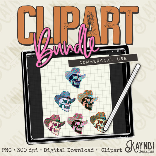 Cowboy Skulls Bundle PNG Digital Downloads Elements Commercial Use Skeleton Cowboy Hat