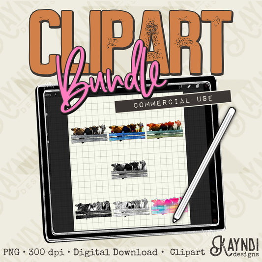 Cows 4 Bundle PNG Digital Downloads Elements Commercial Use Bovine Colorful Fence