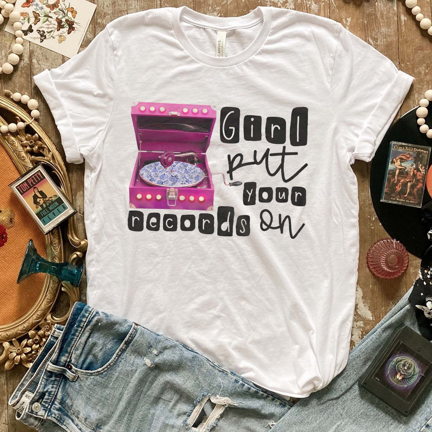 Girl Put Your Records On Design PNG Digital Download Sublimation Printable Record Player DTG Printing Cute Hot Pink Vintage Music