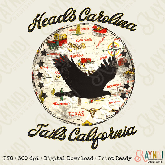Heads Carolina Tails California Sublimation Design PNG Digital Download Printable 80s 90s Country Travel Adventure Wanderlust Retro Quote