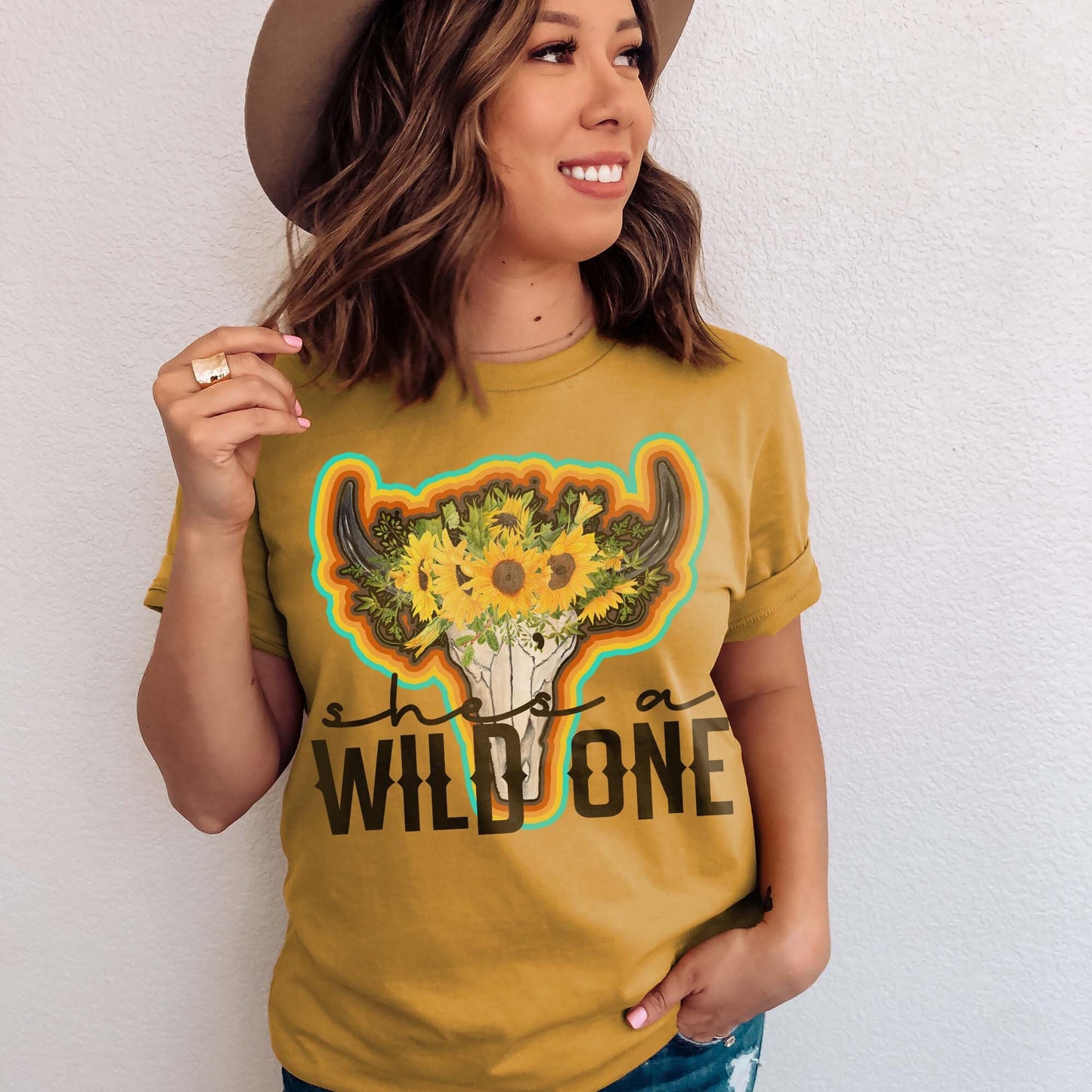 She's a Wild One Sublimation Design PNG Digital Download Printable Country Western Cow Bull Steer Skull Horns Sunflower Floral Retro South