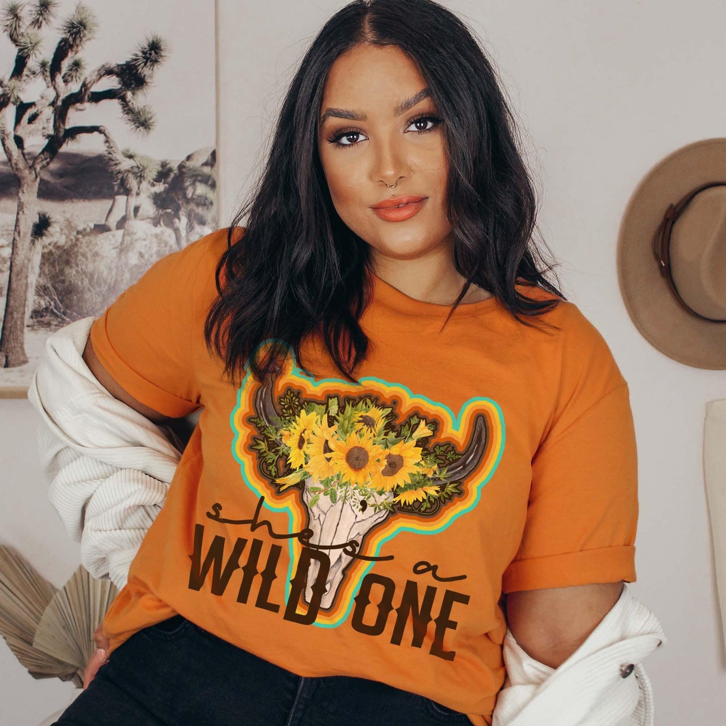 She's a Wild One Sublimation Design PNG Digital Download Printable Country Western Cow Bull Steer Skull Horns Sunflower Floral Retro South