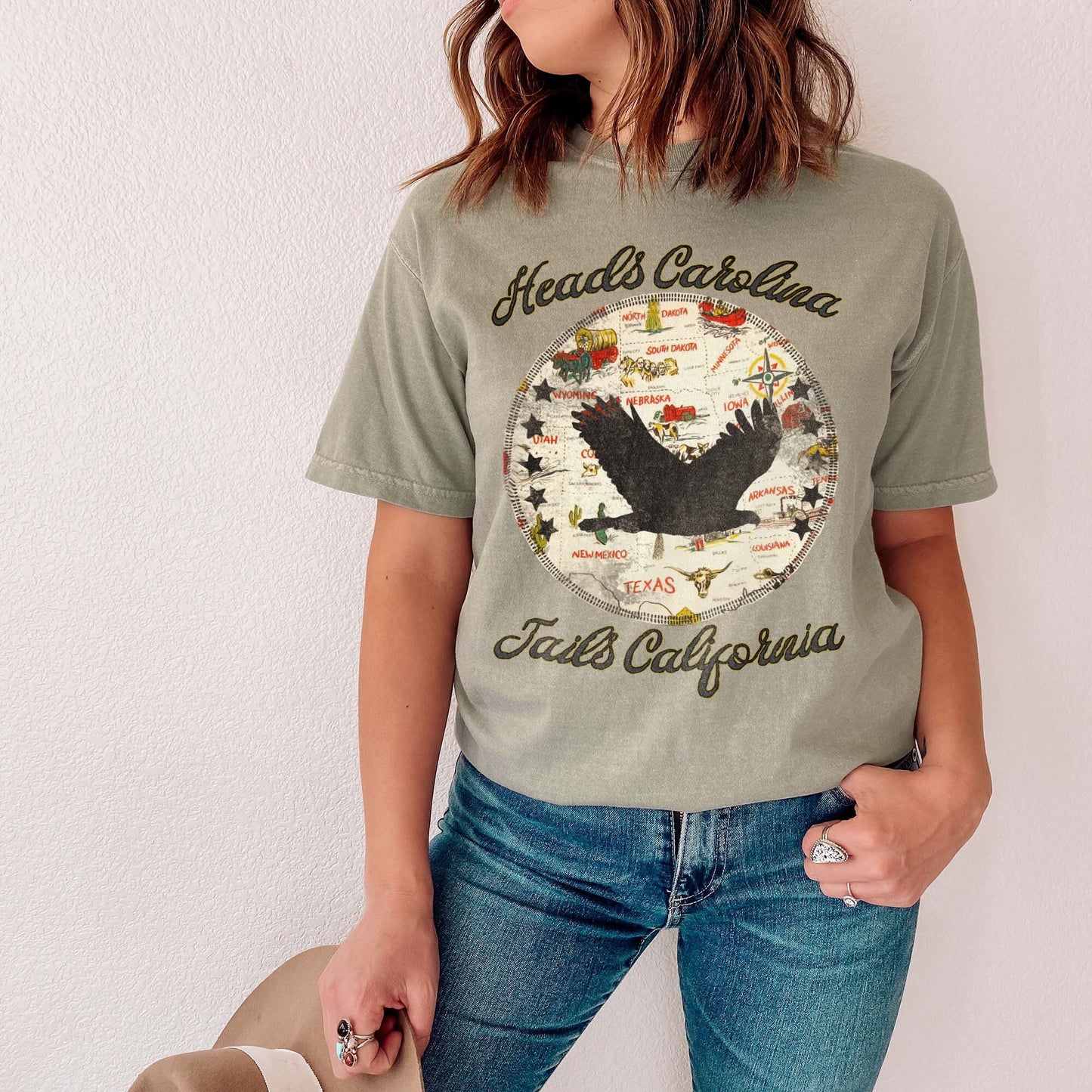 Heads Carolina Tails California Sublimation Design PNG Digital Download Printable 80s 90s Country Travel Adventure Wanderlust Retro Quote