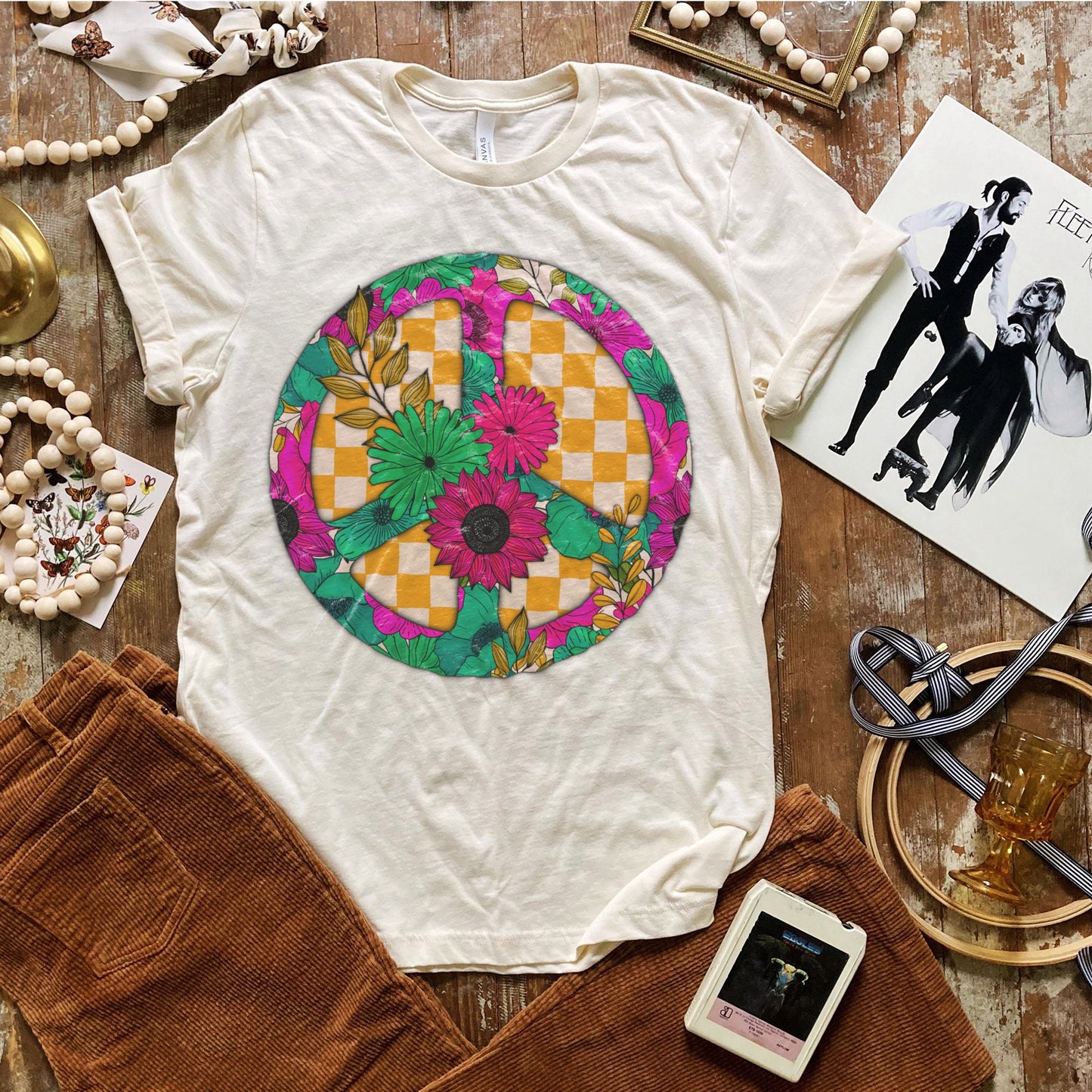 Peace Floral Sublimation Design PNG Digital Download Printable Boho Flower Daisy Retro Groovy Checker Hippie Trippy Tiedye Peace Sign Daisy