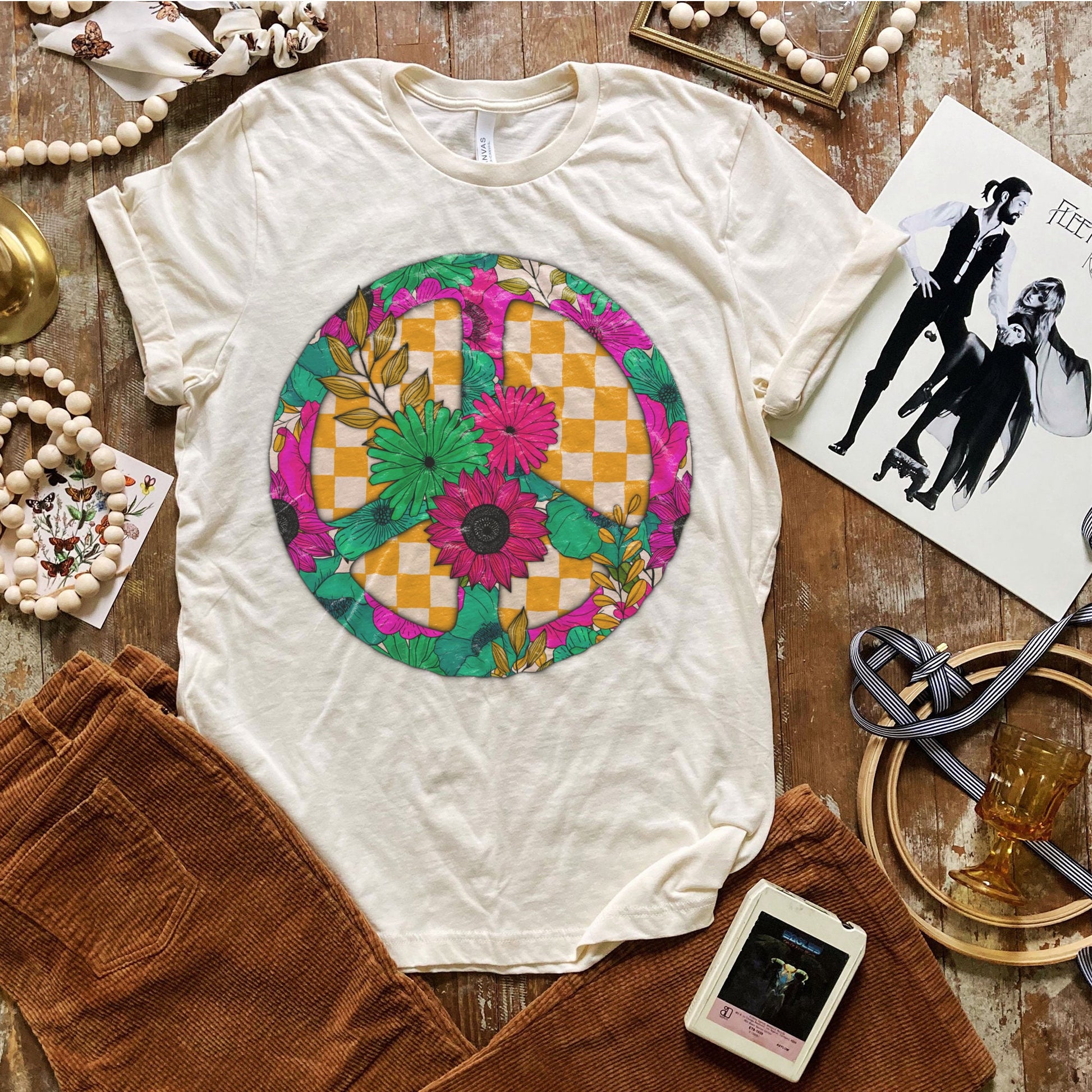 Peace Floral Sublimation Design PNG Digital Download Printable Boho Flower Daisy Retro Groovy Checker Hippie Trippy Tiedye Peace Sign Daisy