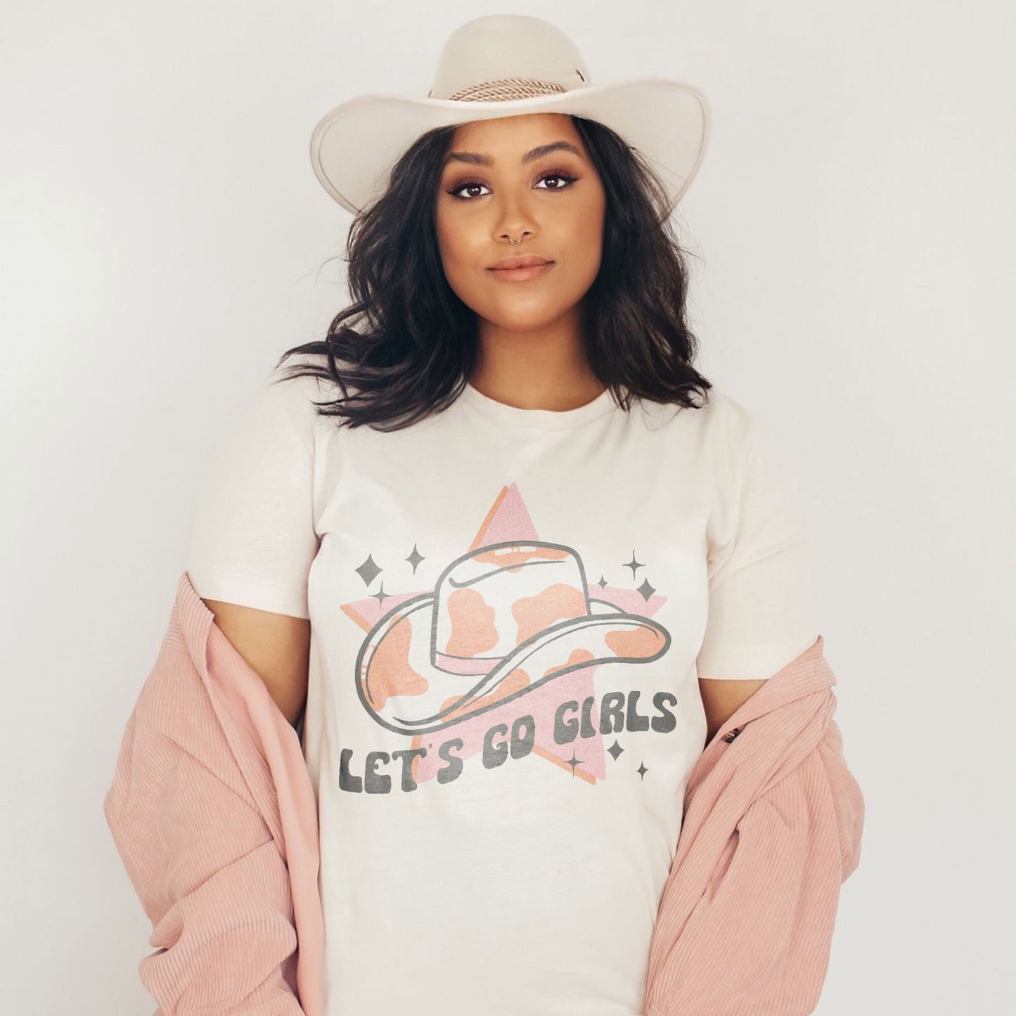 Let's Go Girls Pink Sublimation Design PNG Digital Download Printable 90s Country Cow Print Cowgirl Hat Cowboy Retro Southern Star