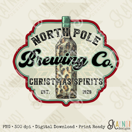 North Pole Brewing Co. Sublimation Design PNG Digital Download Printable Christmas Spirits Vintage Whine Leopard Cheetah Santa Winter