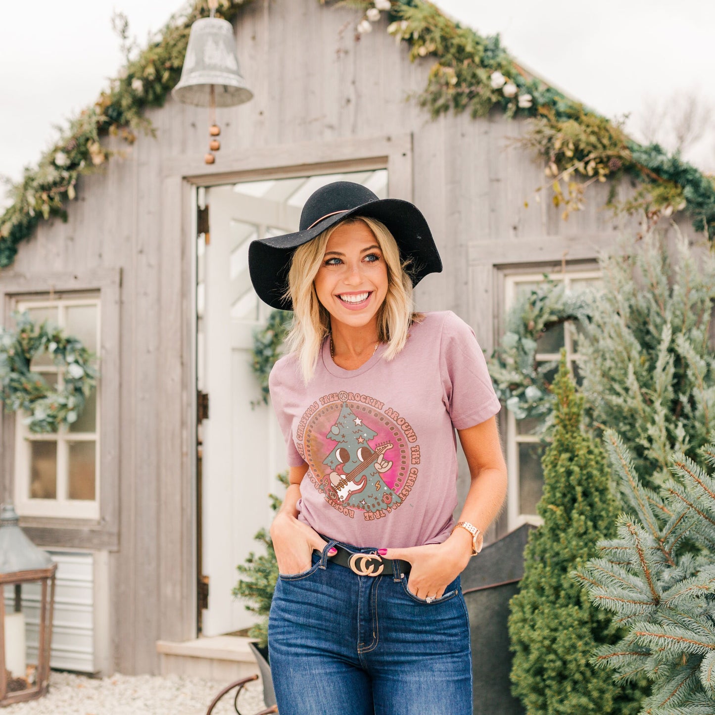 Rockin Around the Christmas Tree Sublimation Design PNG Digital Download Printable Retro Groovy 70s 90s Hippie Character Tie-dye Guitar