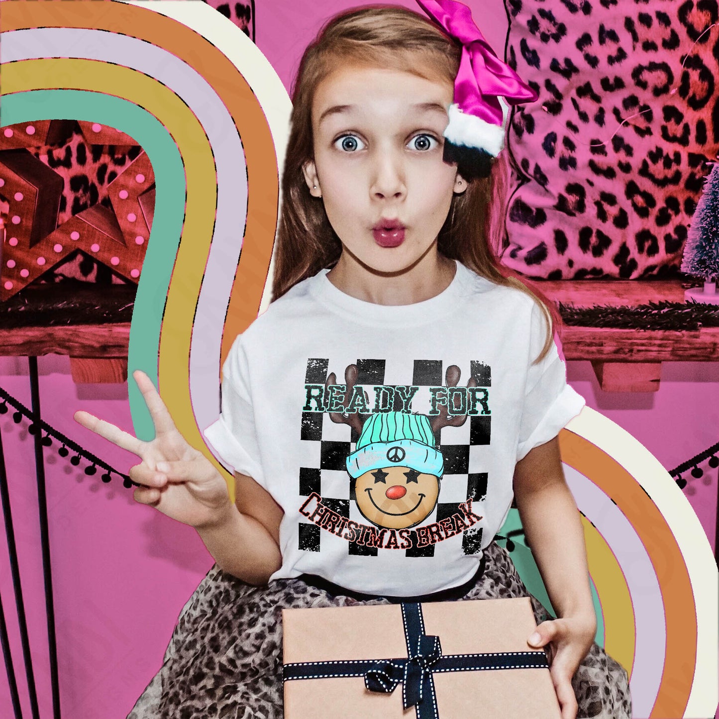 Ready for Christmas Break Reindeer Blue Beanie Hat Sublimation Design PNG Digital Download Printable Kids Christmas School Teacher Checker